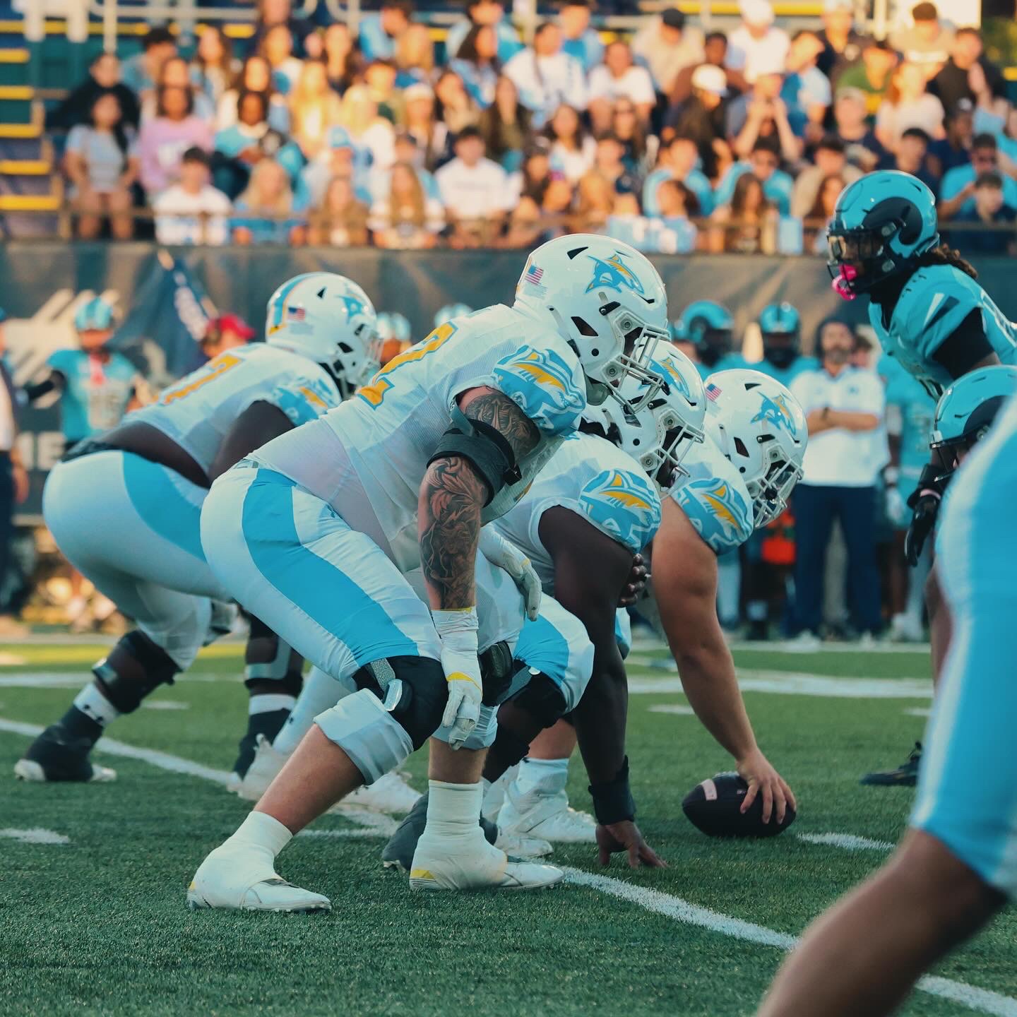 Offensive line set at the line of scrimmage